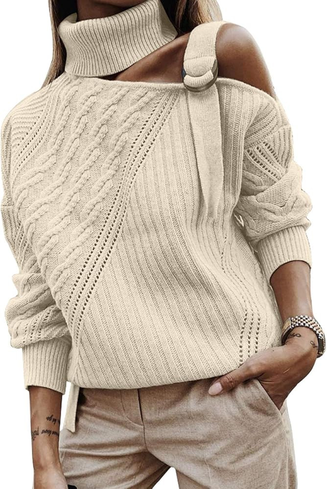 Happy Sailed Womens Cold Shoulder Sweaters High Neck Long Sleeve Oversized Knitted Jumper Pullove... | Amazon (US)