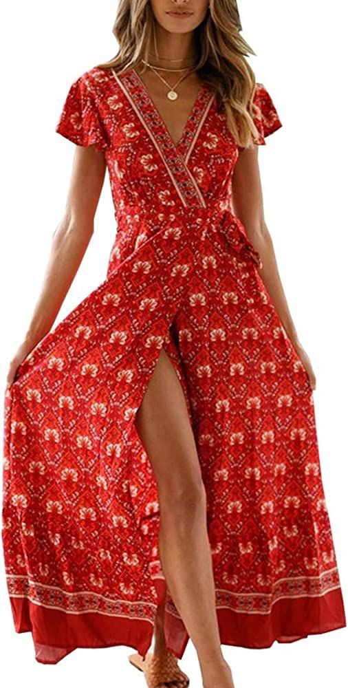 PRETTYGARDEN Women Boho Summer Side Split Deep V Neck Short Sleeves Maxi Dress with Belt | Amazon (US)