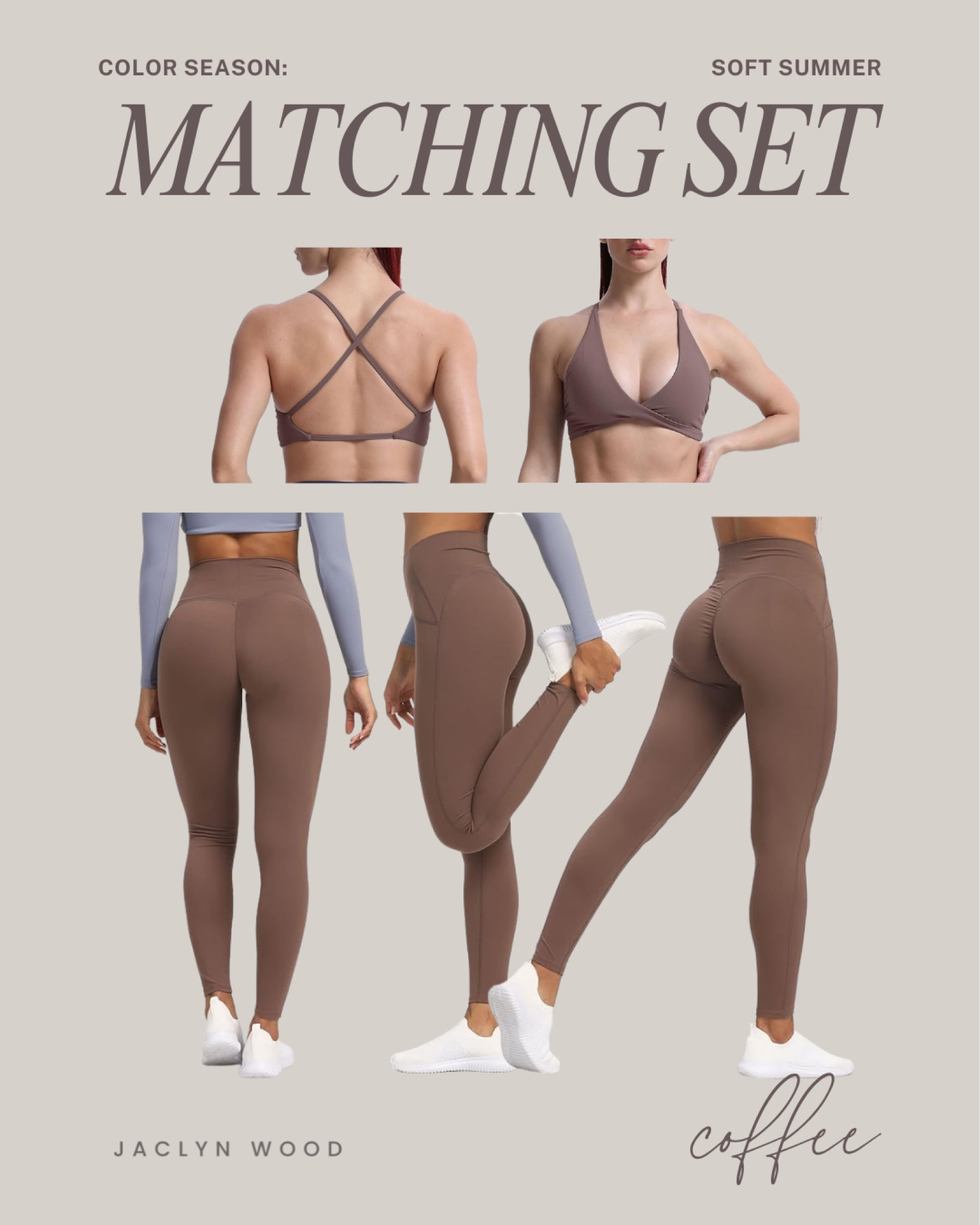 Matching activewear set from Amazon by Aoxjox in fudge brownie which looks beautiful with other colors from the Soft Summer season color palette. Both pieces have buttery soft fabric, the sports bra lifts and holds everything in place, and the body hugging leggings look seamless on your body with a subtle scrunch bum.

#LTKActive #LTKfitness #LTKstyletip