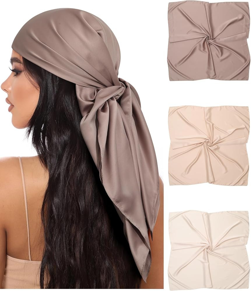 AWAYTR 35\u201d Large Square Satin Head Scarf - 3Pcs Satin Hair Scarves Silk Bandana Scarf Headsc... | Amazon (US)