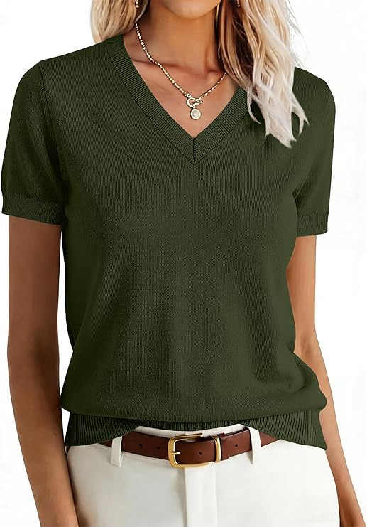 ANRABESS Women Wool Blend Sweater Summer 2026 Short Sleeve V Neck Pullover Top Business Casual Ou... | Amazon (US)