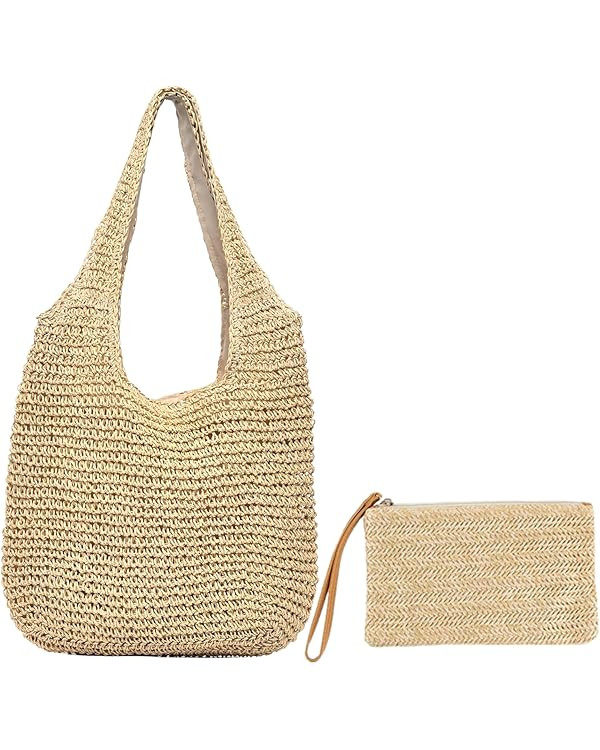 Beach Bag Straw Purses for Women Summer Woven Beach Tote Bag with Straw Clutch | Amazon (US)