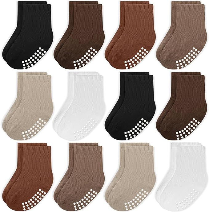 JAKIDAR 12 Pack Baby Toddler Socks Non Slip Grip Cotton Crew Socks for Boys Girls Infants Kids | Amazon (US)