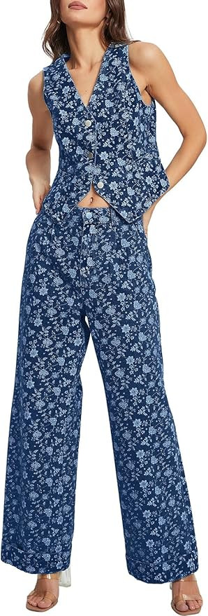 SCOFEEL Womens Floral 2 Piece Denim Set Button Sleeveless Jean Vest Pants Sets Y2k Waistcoat Wide... | Amazon (US)