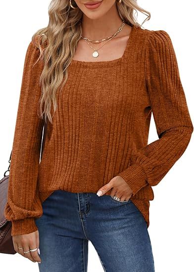 WIHOLL Tunic Tops for Women Loose Fit Long Sleeve Shirts Square Neck Tops | Amazon (US)