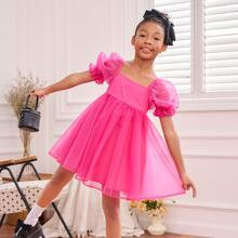 Tween Girl Solid Puff Sleeve Dress | SHEIN