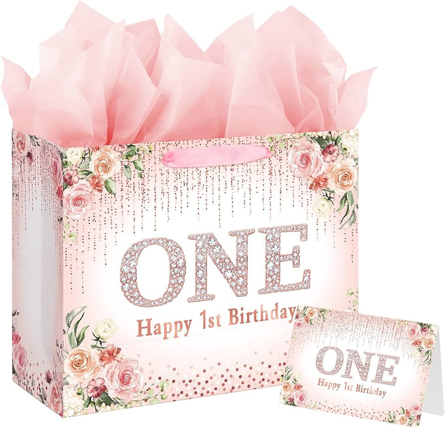 Laidans Rose Gold One Year Old Happy Birthday Gift Bag with Tissue Paper and Card for Bday Party ... | Amazon (US)