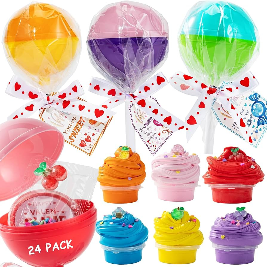 AYGXU 24pcs valentines day gifts for kids classroom-Lollipop-Shaped slime with Cards,Valentines D... | Amazon (US)