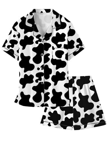 Kids Silk Cow Pajamas Sets Girls Button-Down Pjs Short Sleeve Satin Sleepwear Lounge Sets, Cow Print, 3-4T | Amazon (US)