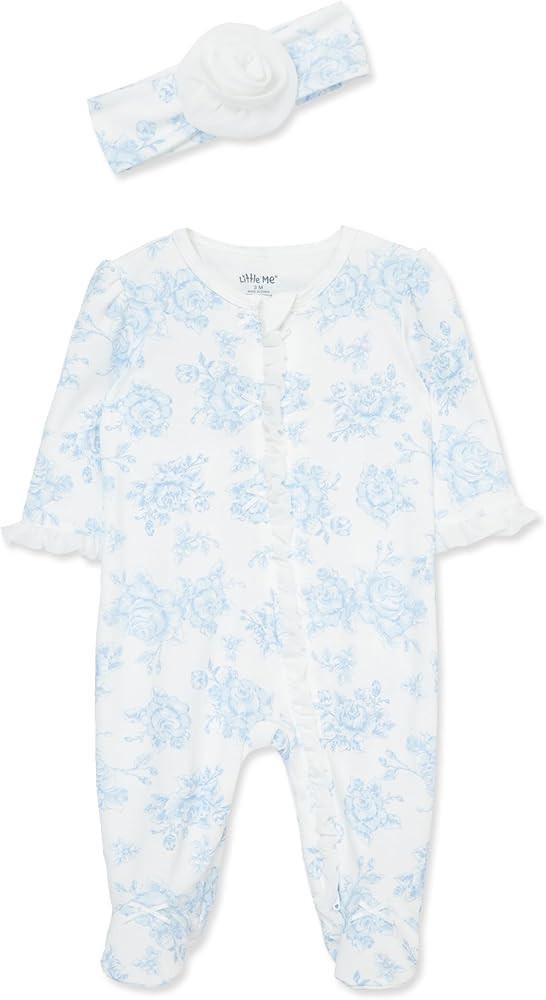 Little Me Clothes for Baby Girls 100% Cotton 2Pc Zipper Closure Footie and Headband Set, Baby Ess... | Amazon (US)