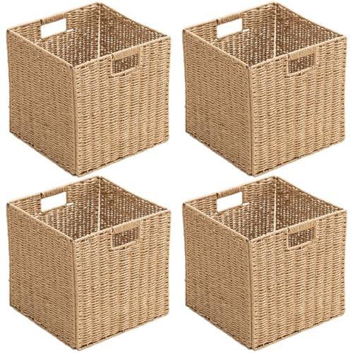Handwoven Paper Woven Cube Basket Organizer with Handles set of 4 Foldable Storage baskets for Bedroom Living Room Cubby Storage Units for Clothes Books Toys (Natural, 13" L x 13" W x 13" H) | Amazon (US)