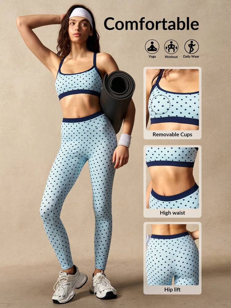 VARSIVA Women's Polka Dot Pattern Cropped Camisole And Leggings Sports Suit | SHEIN