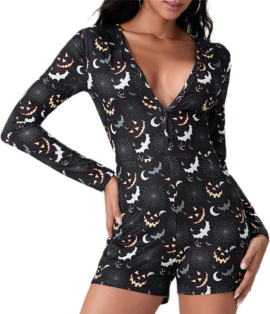 Miqil Women Short Onesie Pajamas Halloween Christmas Print Sexy Bodycon Long Sleeve V Neck One Pi... | Amazon (US)