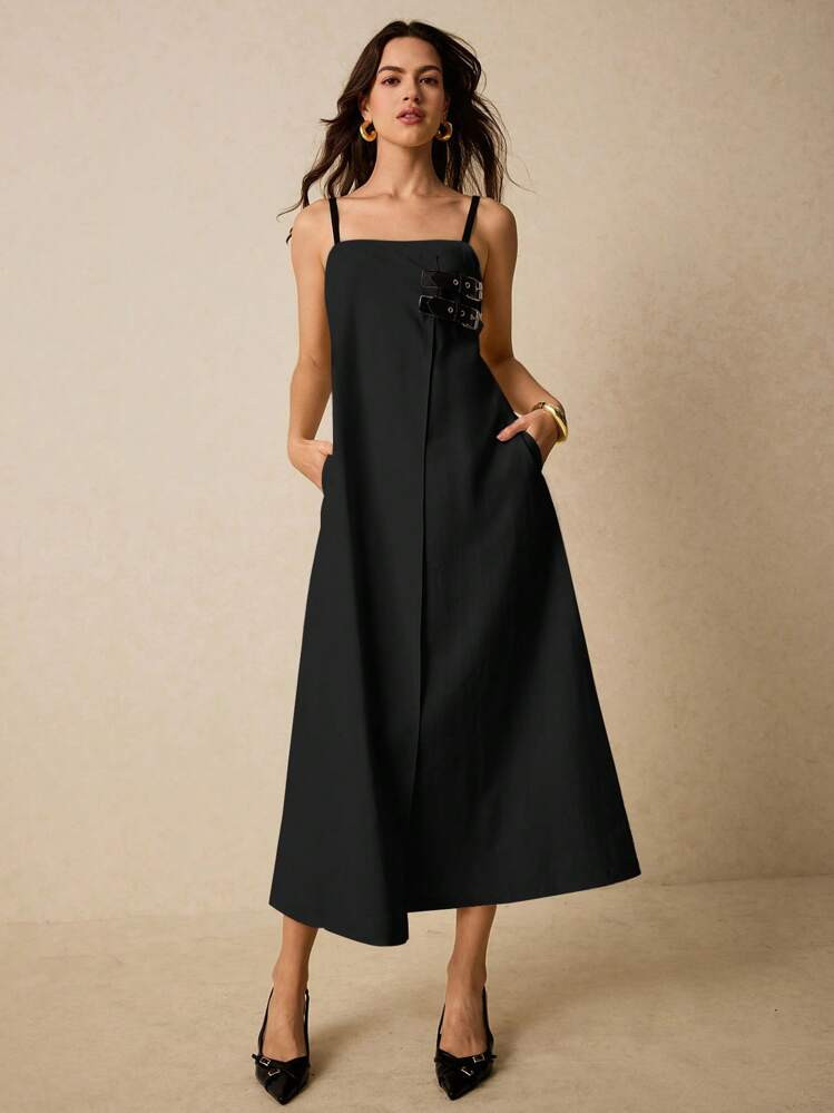 Poéselle Women's Dresses Linen Dress Loose Contrast Straps With Leather Buckle Casual And Comfortable Dresses Suspender Dress Women's Elegant Button Decor Wrap Strap Dress Women Dresses Beach Women Outfits Summer Women Outfit Sundress Boho Summer Women Dresses Women Dresses Elegant Women Dresses Long Women Dresses Summer Women Clothes Women Outfits Spring Dress City Concert Boho Hippie Bohemian Old Money | SHEIN