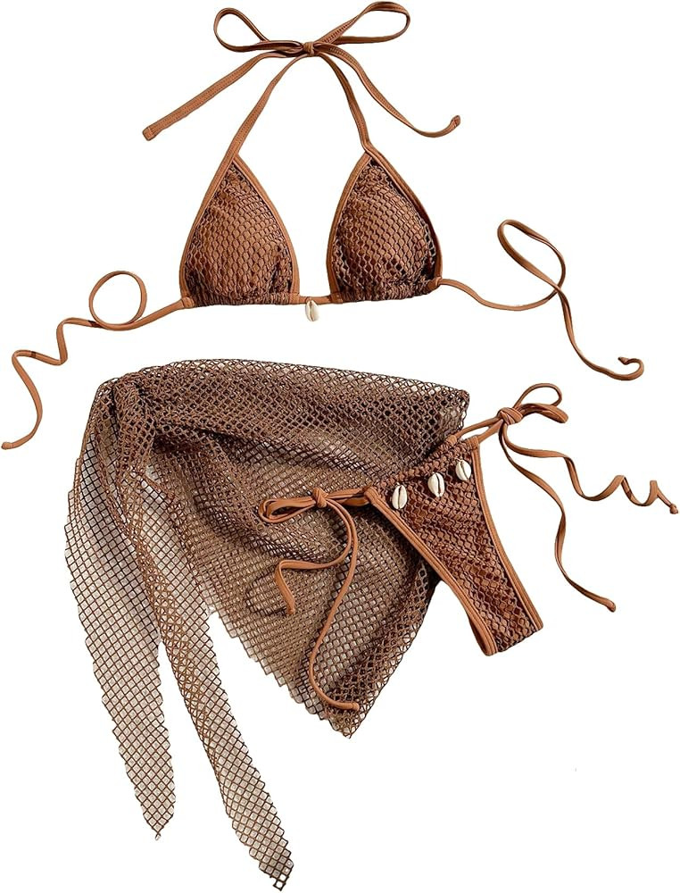 Verdusa Women's 3 Piece Halter String Fishnet Brown Bikini Amazon Bikini Cover Up Bikini 2024 2025 | Amazon (US)