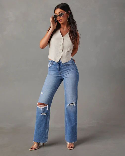 Romney High Rise Distressed Straight Leg Jeans - Medium Wash | VICI Collection