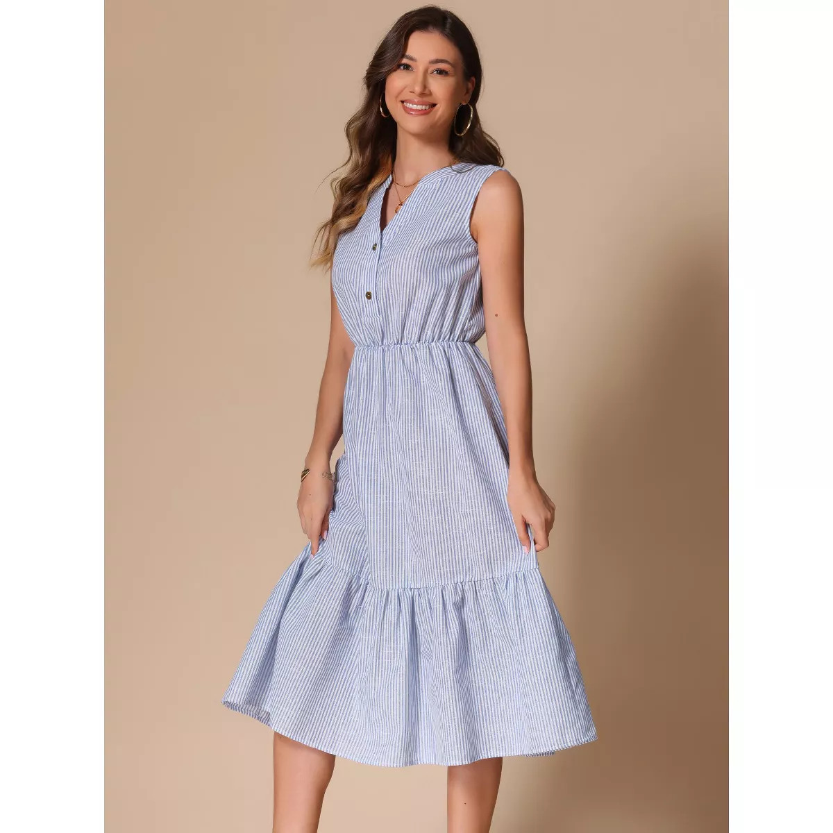 INSPIRE CHIC Women's Sleeveless V Neck Button Down Striped Ruffle Midi Shirt Dress | Target