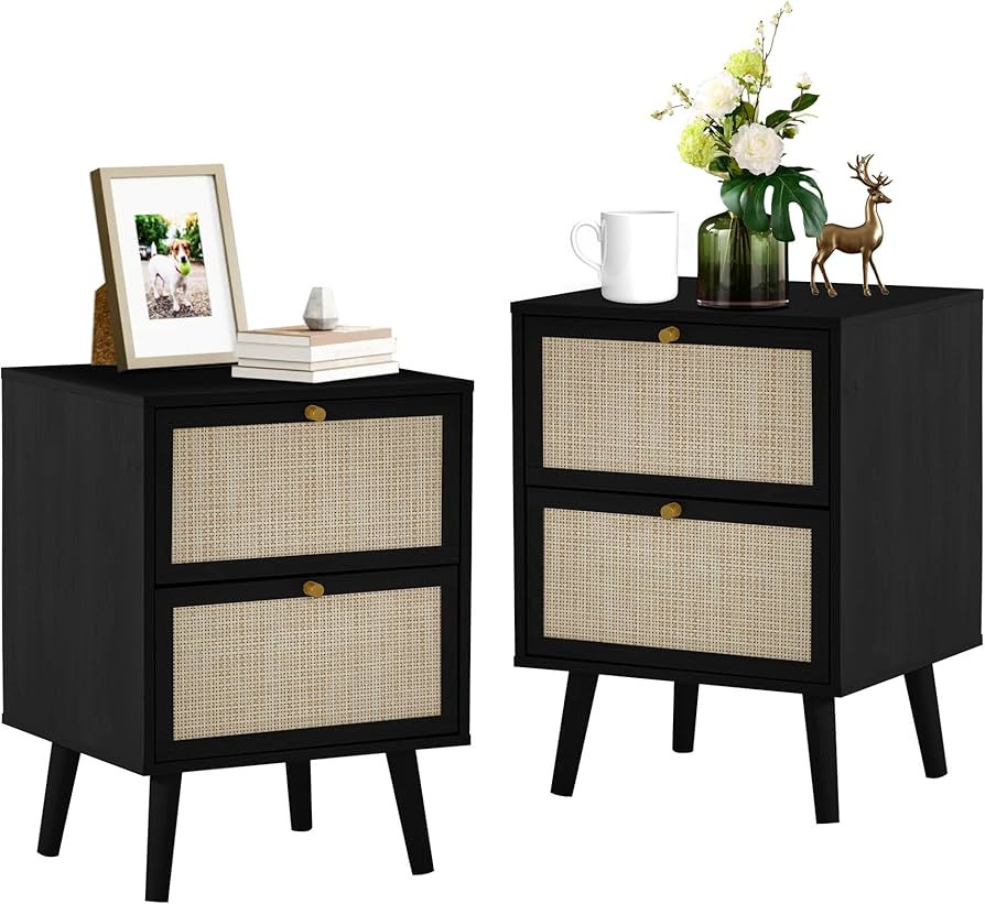 Rattan Nightstand Set of 2, Wood End Tables with Drawers, Bedroom Bedside Table Storage Side Tabl... | Amazon (US)