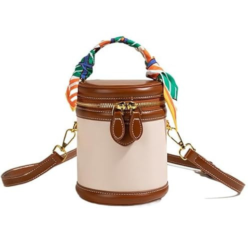 QIANAIWO Retro Bucket Bag Female PU Leather Color Contrast Cylinder Shoulder Round Bag Handle Handbag Purse (Brown) | Amazon (US)