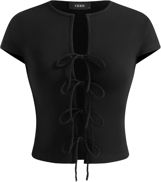 CIDER Women's Cotton-Blend Crew Neck Solid Knotted Cut Out Short Sleeve Tops | Amazon (US)