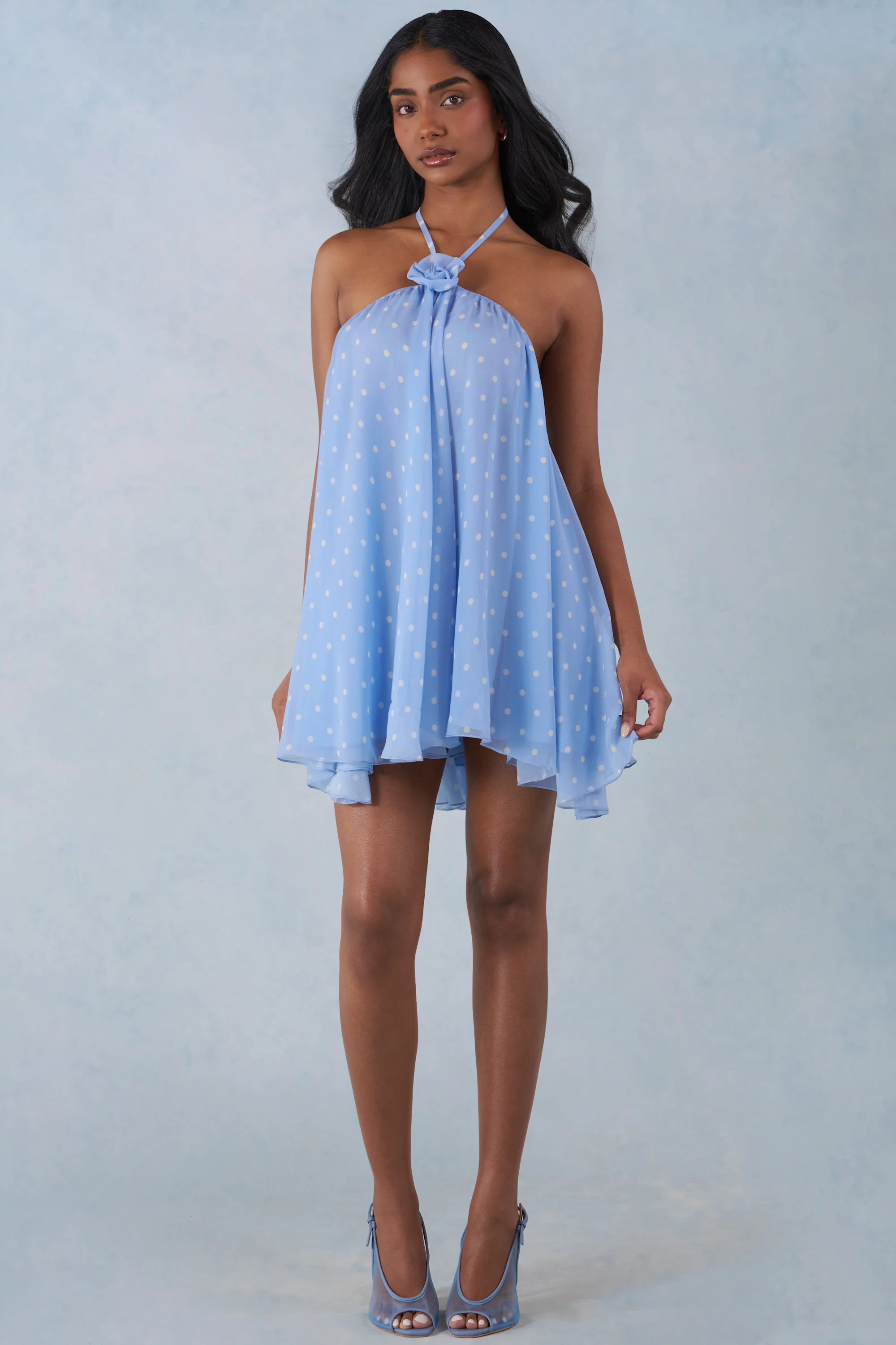Halterneck Babydoll Mini Dress in Blue Polka Dot Print | Oh Polly