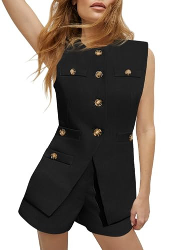Tankaneo Womens 2 Piece Outfits Casual Suit Sets Sleeveless Button Down Blazer Vest Shorts Office Business Matching Set, Black, Small | Amazon (US)