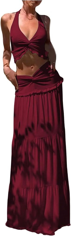 SOLY HUX Women's 2 Piece Backless Halter Tiered Ruffle Top Maxi Skirt Set | Amazon (US)