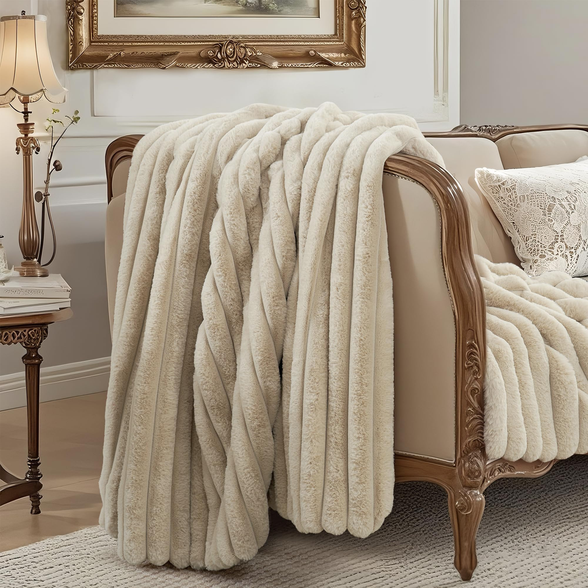 Amélie Home Faux Fur Throw Blanket for Couch, Cozy Fuzzy Fluffy Fur Luxurious Soft Striped Plush... | Amazon (US)