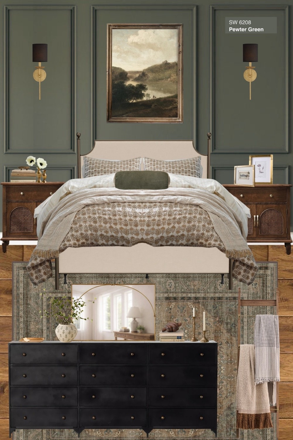 This bedroom came together around one idea: moody, but still calm and livable. Pewter Green from Sherwin Williams is such a beautiful olive tone because it adds depth without making the space feel dark or heavy. I kept everything else warm and soft—light bedding, traditional art, wood tones, and cozy layers—so the room feels like a place you actually want to rest. If you’ve been curious about going darker in a bedroom, this is such a good, approachable way to do it. Everything in this space is linked and easy to recreate.

#LTKHome