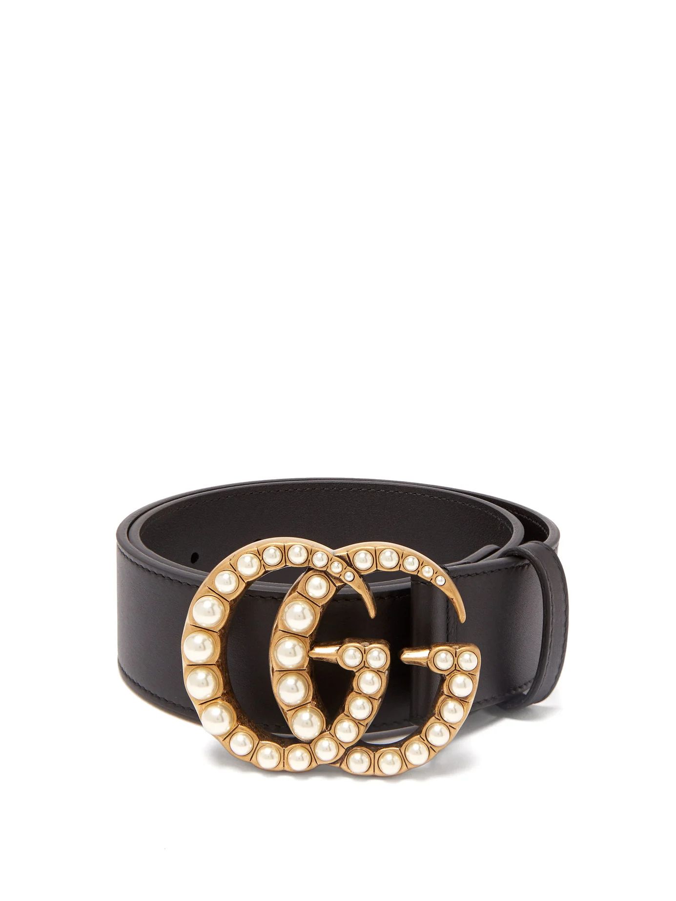 Faux pearl-embellished GG-logo 4cm leather belt | Matches (US)