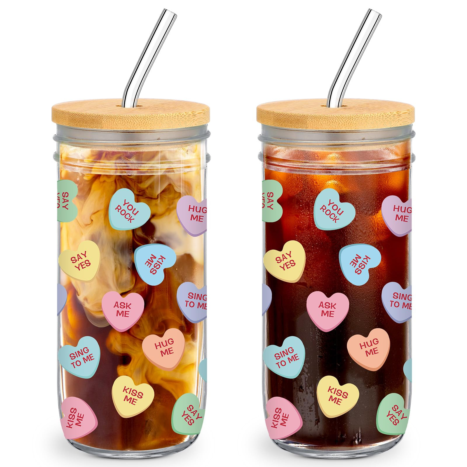 Skylety 2 Set 24 oz Candy Conversation Valentines Day Cups Gifts Iced Coffee Cups with Bamboo Lid... | Amazon (US)