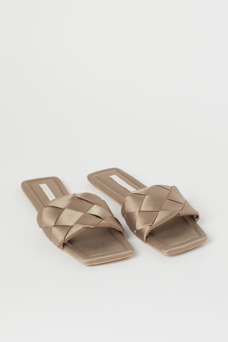 Slipper slides in satin. Square toes, wide, braided foot strap, and square heels. Satin lining an... | H&M (US + CA)