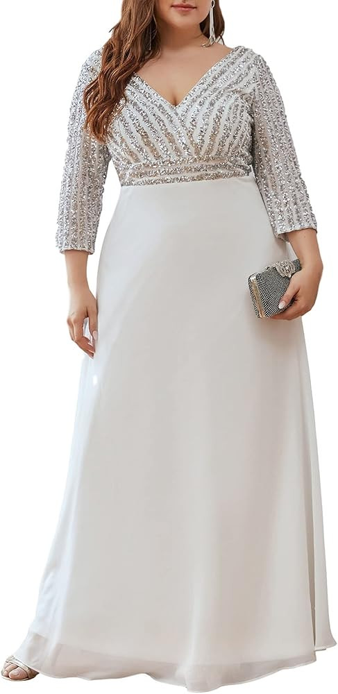 Ever-Pretty Women's Plus Size V-Neck Sparkle Evening Dresses with Long Sleeves 0751-PZ | Amazon (US)