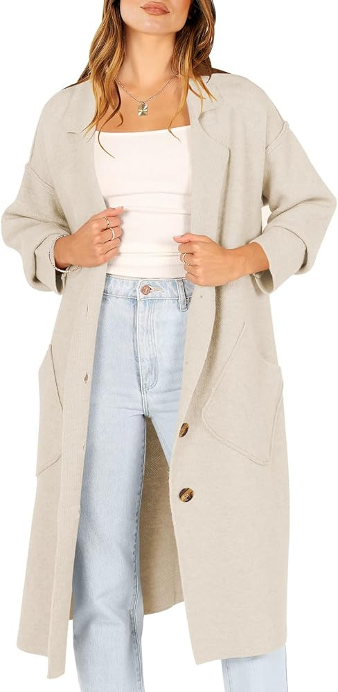 ANRABESS Women Cardigans 2023 Fall Sweater Coat Oversized Long Sleeve Button Down Lapel Open Fron... | Amazon (US)