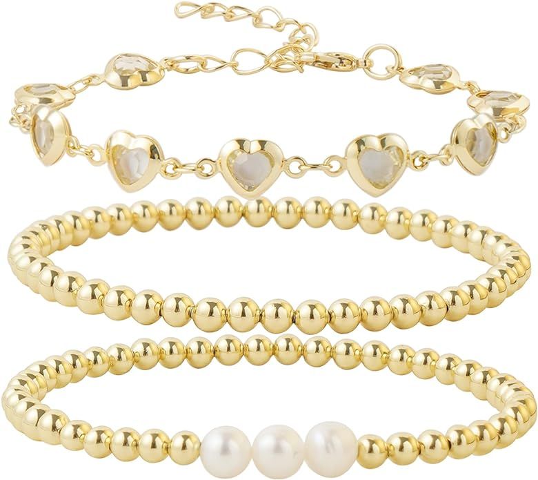 Pymach Dainty Gold Pearl Crystal Beaded Bracelets Set for Women 14K Real Gold Plated Bead Pearl C... | Amazon (US)