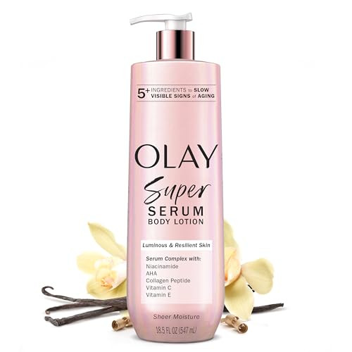 Olay Super Serum Hand & Body Lotion for Dry Skin, 24hr Long Lasting Hydration, 5+ Ingredient Complex for Bright Even Firm Luminous Skin, Sweet Vanilla & Soft Wood Scent, 18.5 fl oz | Amazon (US)