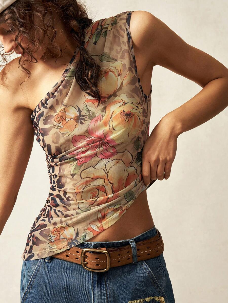 Bohemela Leopard & Floral Print One Shoulder Ruched Top | SHEIN