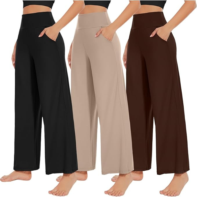 NEW YOUNG 3 Pack Women's Wide Leg Pants with Pockets High Waist Loose Sweatpants Casual Lounge Yo... | Amazon (US)