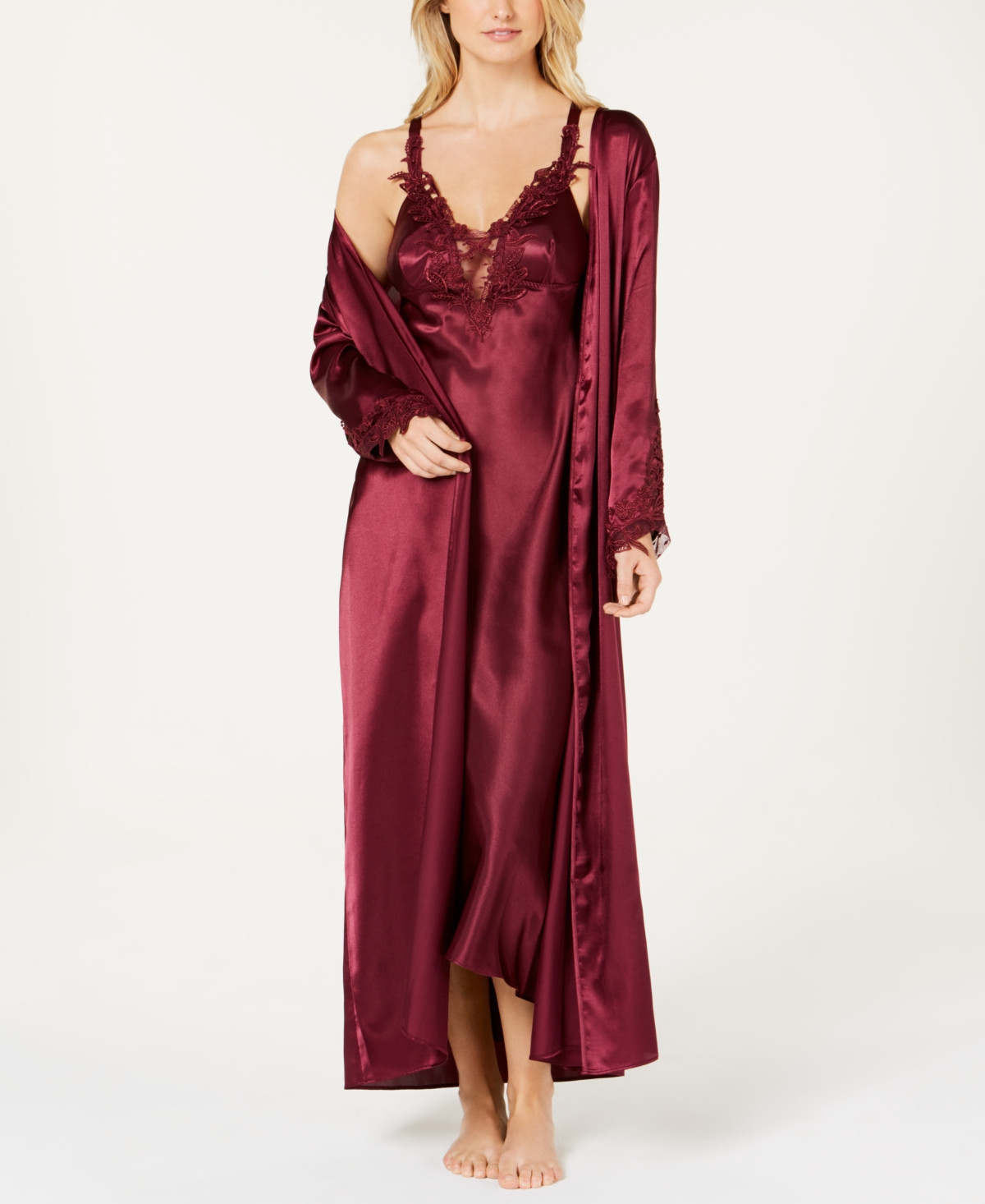 Flora by Flora Nikrooz Stella Satin Venise Trim Robe - Bordeaux | Macy's