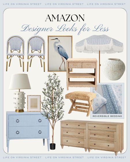 AMAZON COASTAL DECOR - Loving these Amazon designer look for less home decor finds! Includes bistro chairs, blue heron bird art, a striped umbrella, woven nightstand, light wood dresser, blue linen nightstand, seagrass bench, circle dot lamp, olive tree, Serena & Lily style bedding, coastal picture frames, and more!
.
#ltkhome #ltkfindsunder50 #ltkfindsunder100 #ltkstyletip #ltkseasonal blue and white decor, grandmillennial style, coastal decor

#LTKSeasonal #LTKFindsUnder50 #LTKHome