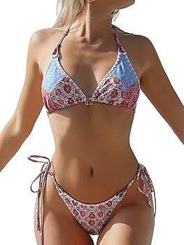 ZAFUL Women's Swimwear Floral Print Halter Bikini Bathing Suit Swimsuit | Amazon (US)