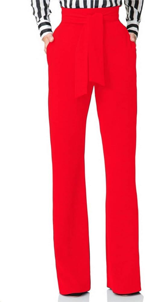 Lucuna Women's Stretchy High Waisted Loose Fit Bootcut Office Work Long Pants with Belt | Amazon (US)