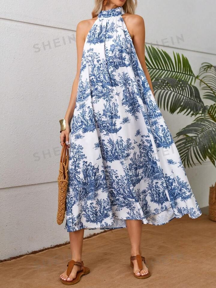 SHEIN VCAY Ladies' Sleeveless Halter Neck Plant Printed Dress | SHEIN