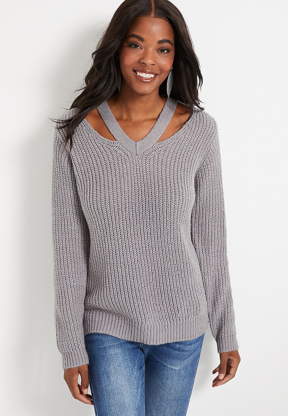 Gray V Neck Cut Out Sweater | Maurices
