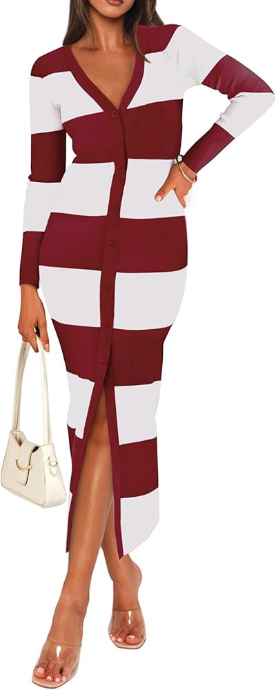 PRETTYGARDEN Women's Striped Sweater Dress Long Sleeve V Neck Button Down Knit Bodycon Maxi Dress... | Amazon (US)
