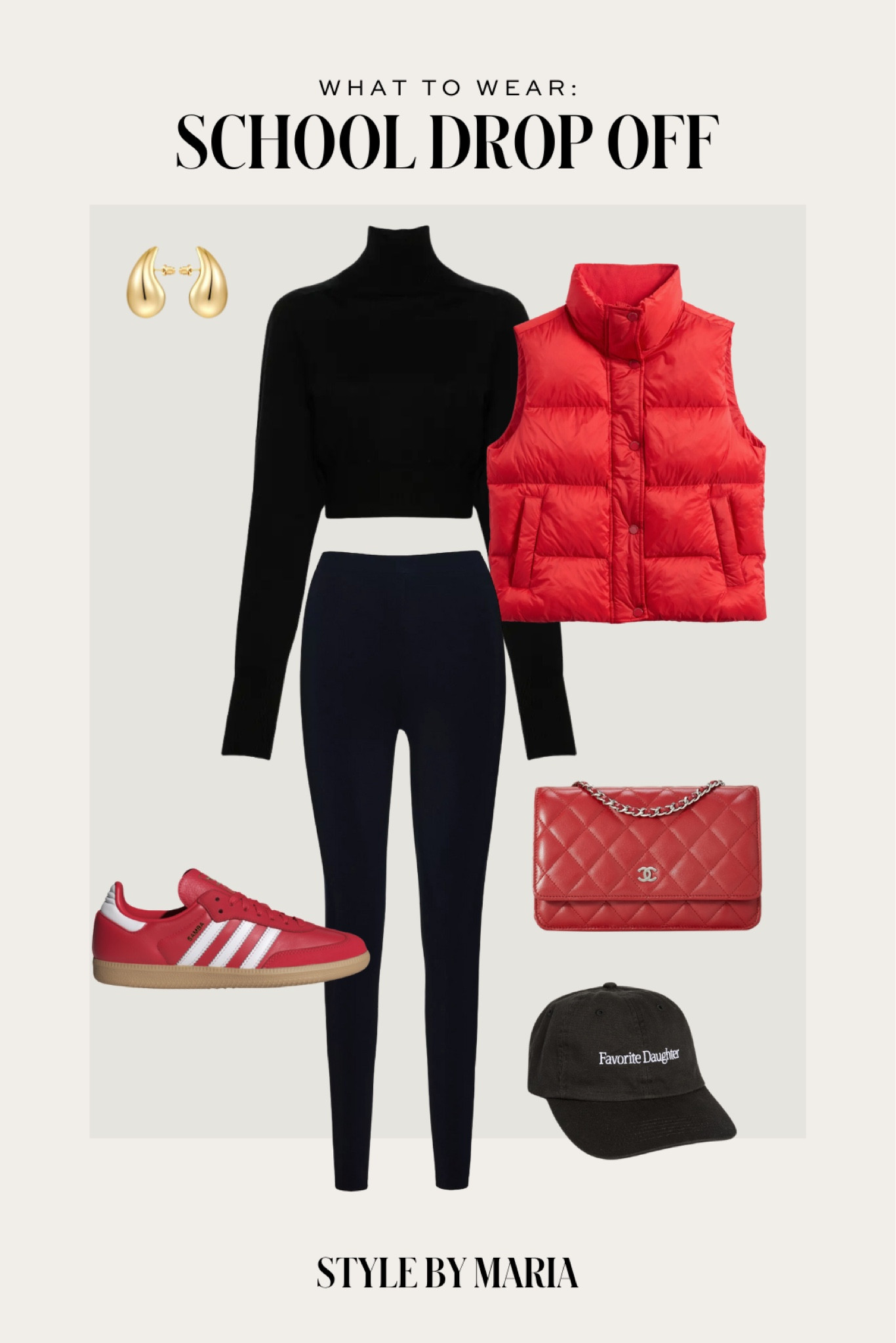 School drop off outfit / cozy winter outfit
Turtleneck sweater
Red puffer vest
Red adidas samba sneakers
Chanel bag
Favorite daughter baseball cap 

#LTKSeasonal #LTKShoeCrush #LTKActive