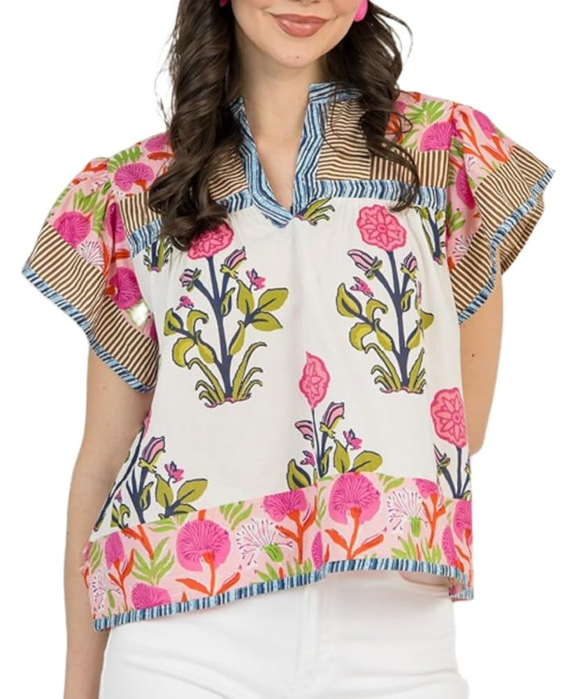 Women Boho Short Sleeve Shirt Ruffle Sleeve V Neck Blouse Top Cute Floral Printed Loose Peplum Ba... | Amazon (US)