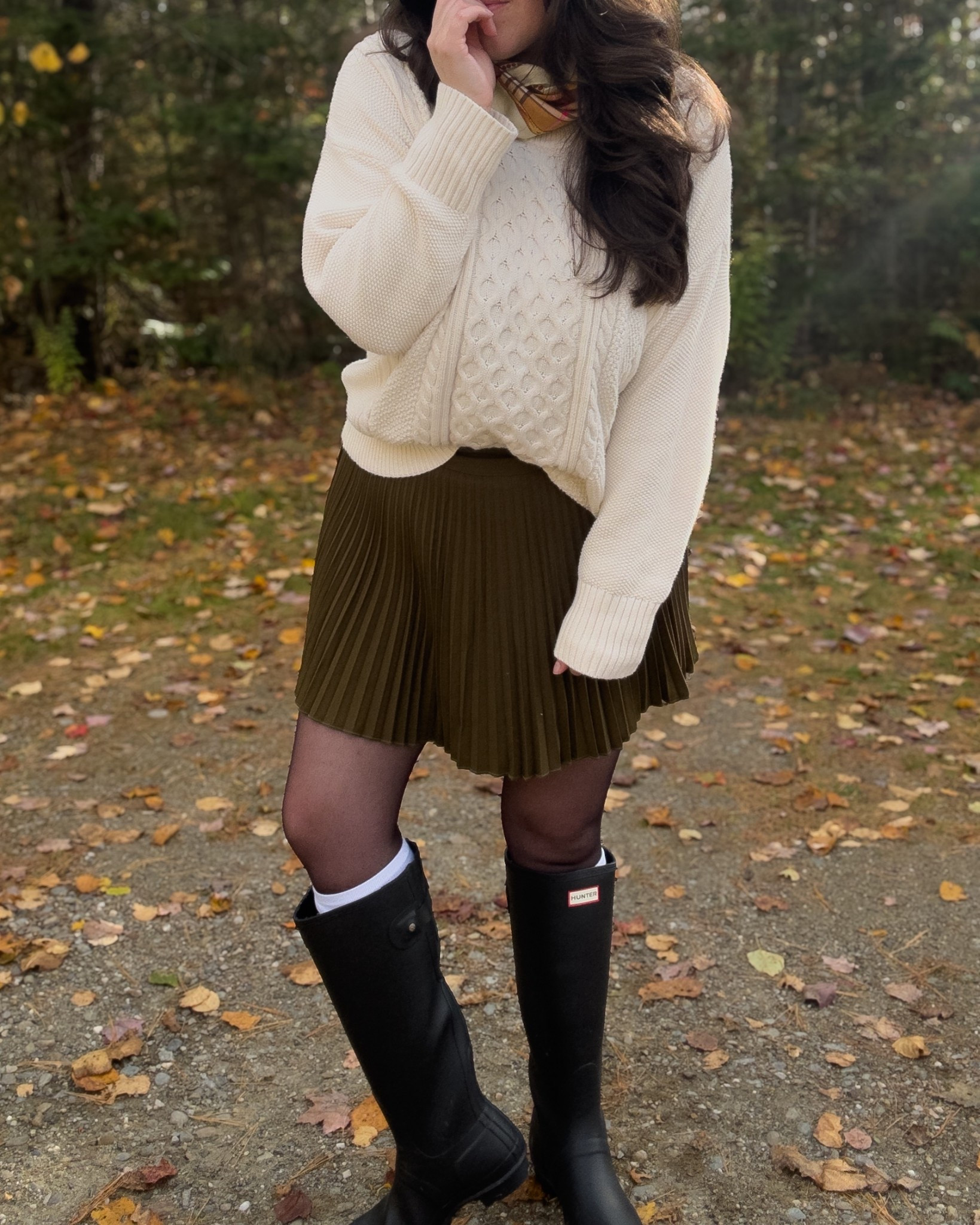 Fall outfit
Fall mini skirt outfit
Pleated skirt outfit
Outfit with hunter boots
Chunky sweater outfit 
Casual fall skirt 

#LTKSeasonal #LTKStyleTip #LTKFindsUnder50