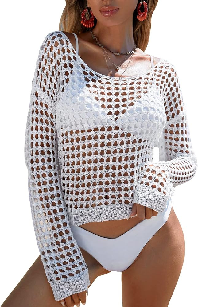 SHENHE Women's Crochet Hollow Out Drop Shoulder Cover Up Sheer Long Sleeve Beach Top | Amazon (US)