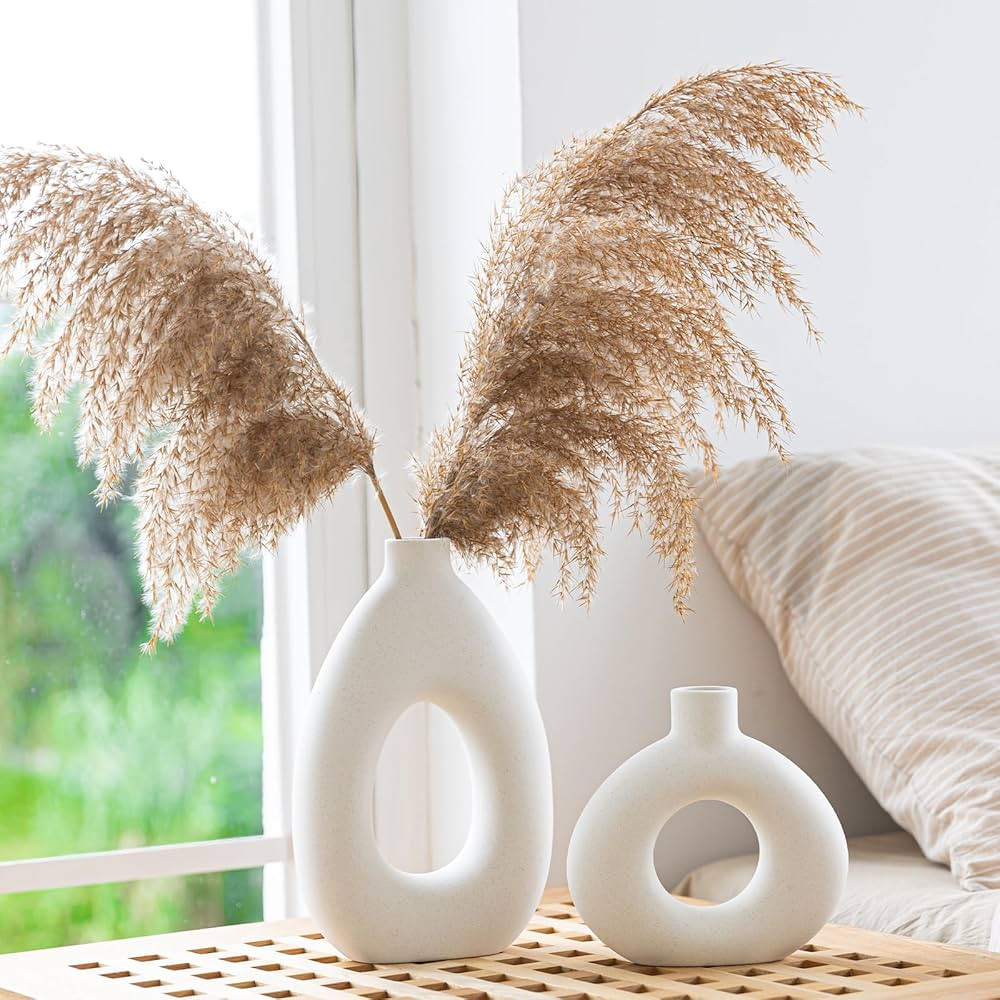 White Ceramic Vase Set of 2 for Modern Home Decor, Round Matte Donut Vases for Pampas Grass, Boho... | Amazon (US)